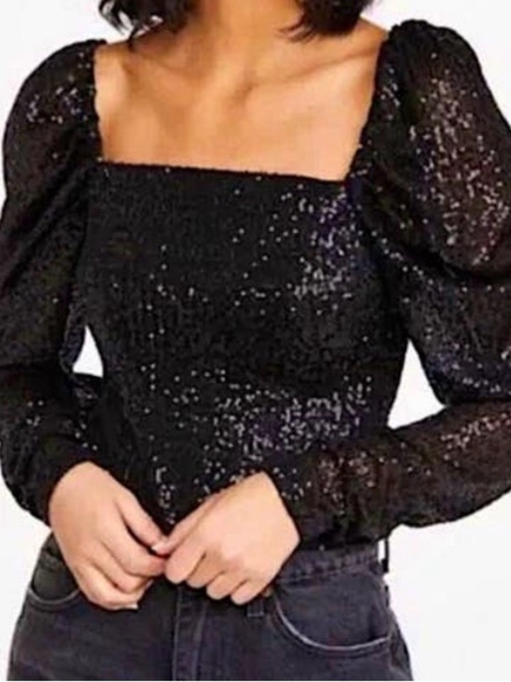 Ramy Brook | Hazel Black Sequin Crop Puff Long Sleeve Top